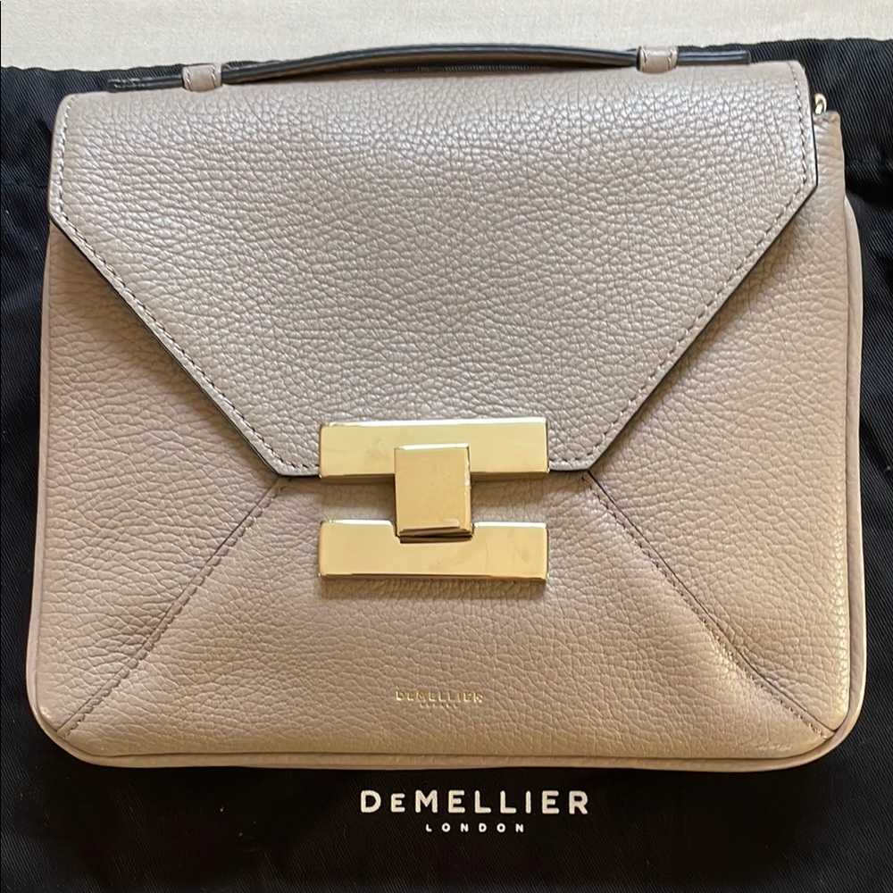 DeMellier Leather Clutch, Top handle, Taupe with Gold metal closure